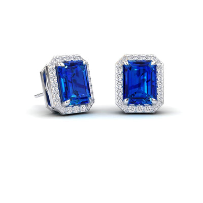 Lab Grown Blue Sapphire & Diamond Halo Stud Earrings