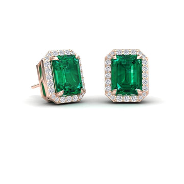 Lab Grown Emerald & Diamond Halo Stud Earrings - Rina