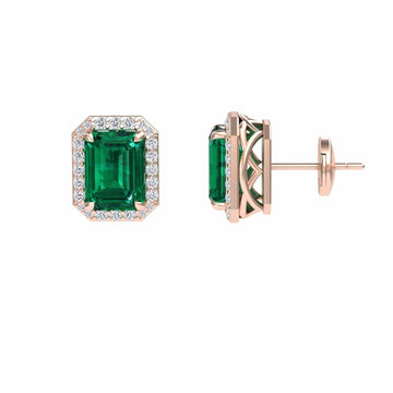 Lab Grown Emerald & Diamond Halo Stud Earrings - Rina