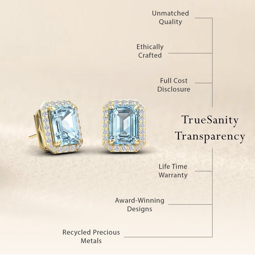 Emerald-cut aquamarine and diamond halo stud earrings, view 4