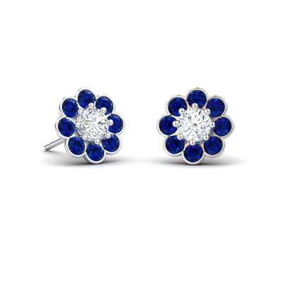 Blue Sapphire & Diamond Floral Stud Earrings