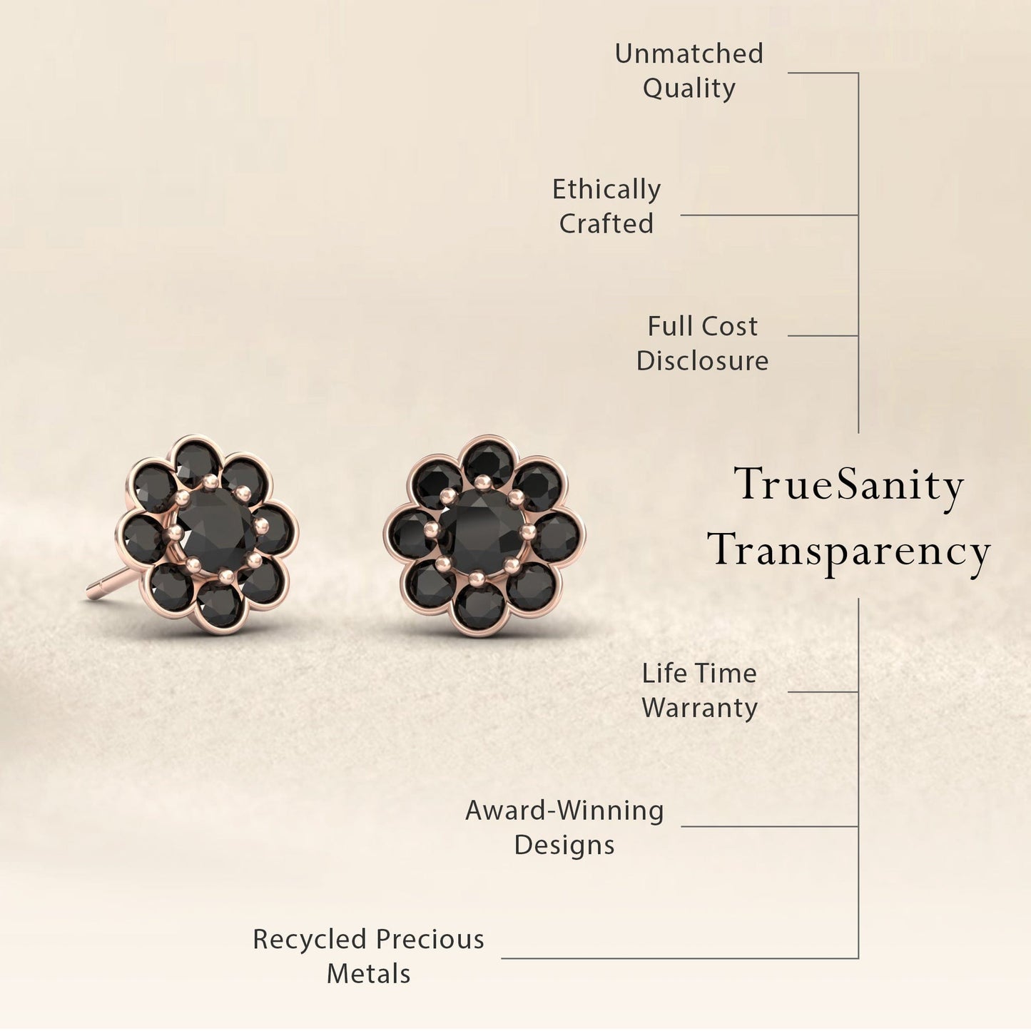 Black Diamond Floral Stud Earrings - Trudy