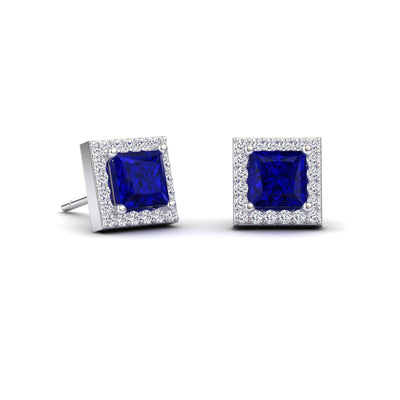 Blue Sapphire & Diamond Halo Stud Earrings