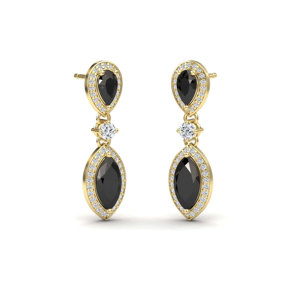 Marquise black and white diamond drop earrings in 14k yellow gold