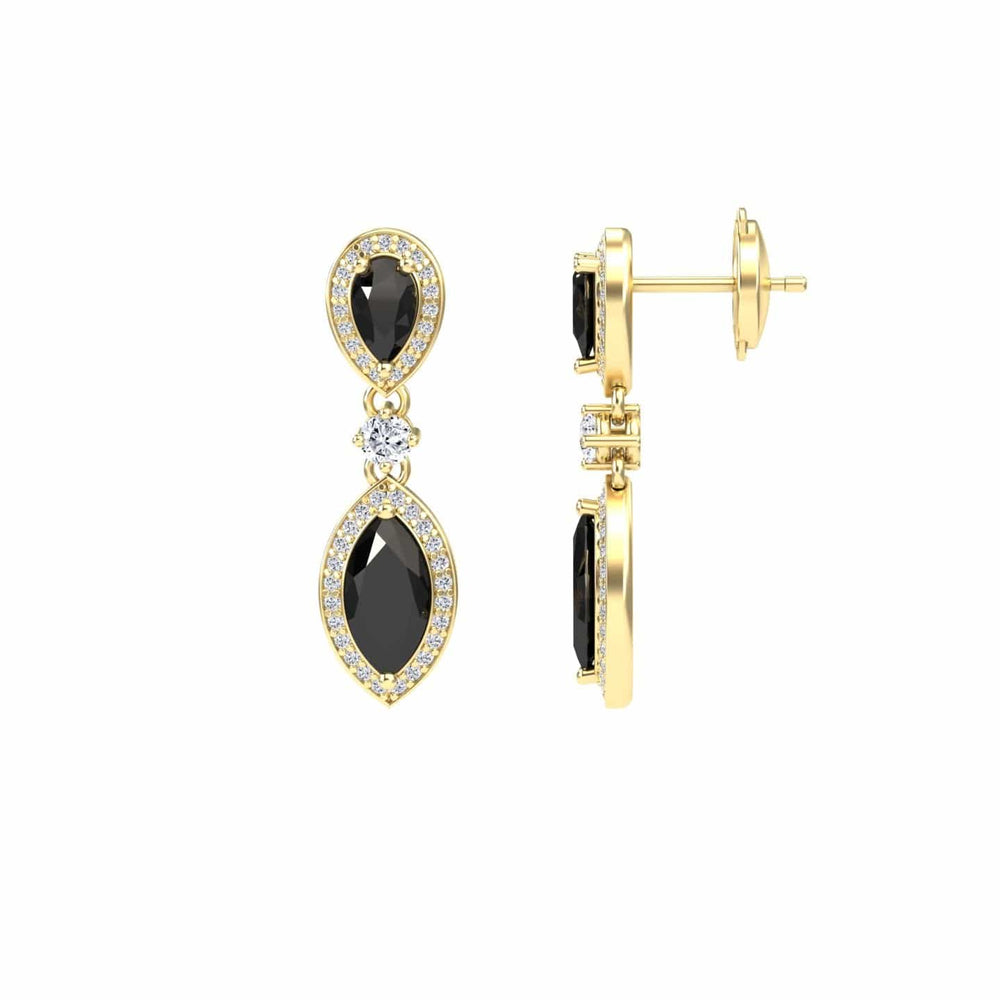 Marquise black and white diamond drop earrings in 14k yellow gold, view 2