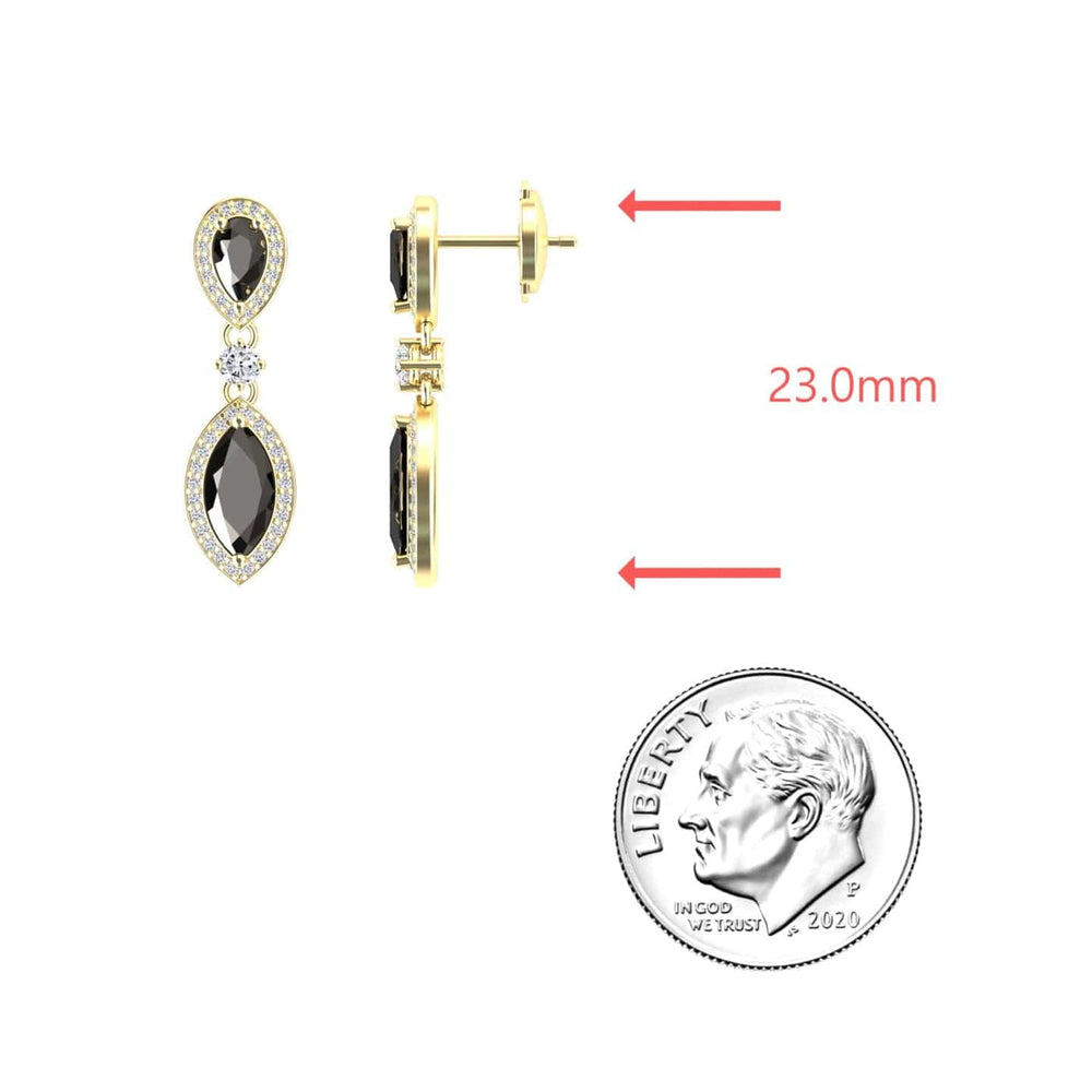 Marquise black and white diamond drop earrings in 14k yellow gold, view 3