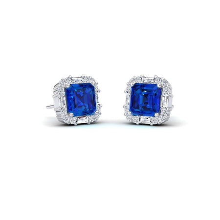 Lab Grown Blue Sapphire & Diamond Halo Stud Earrings - Elisa