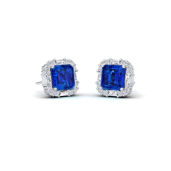 Lab Grown Blue Sapphire & Diamond Halo Stud Earrings - Elisa