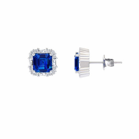 Lab Grown Blue Sapphire & Diamond Halo Stud Earrings - Elisa