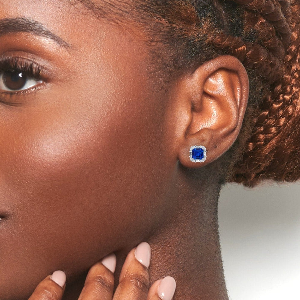 Lab Grown Blue Sapphire & Diamond Halo Stud Earrings - Elisa