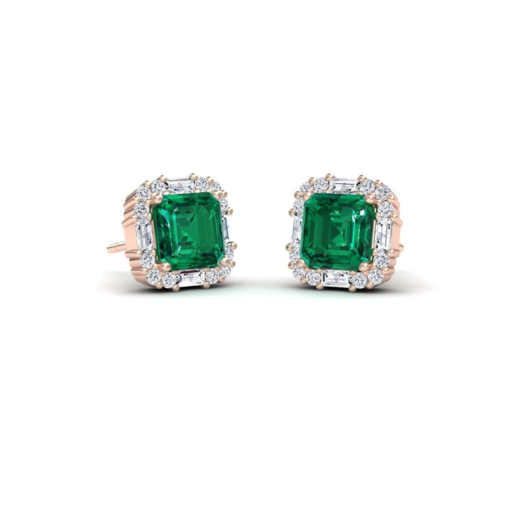 Lab Grown Emerald & Diamond Halo Stud Earrings - Elisa