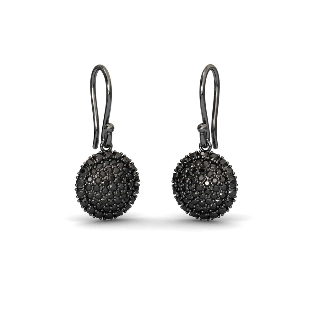 Round black diamond sphere drop earrings in 14k blackened gold