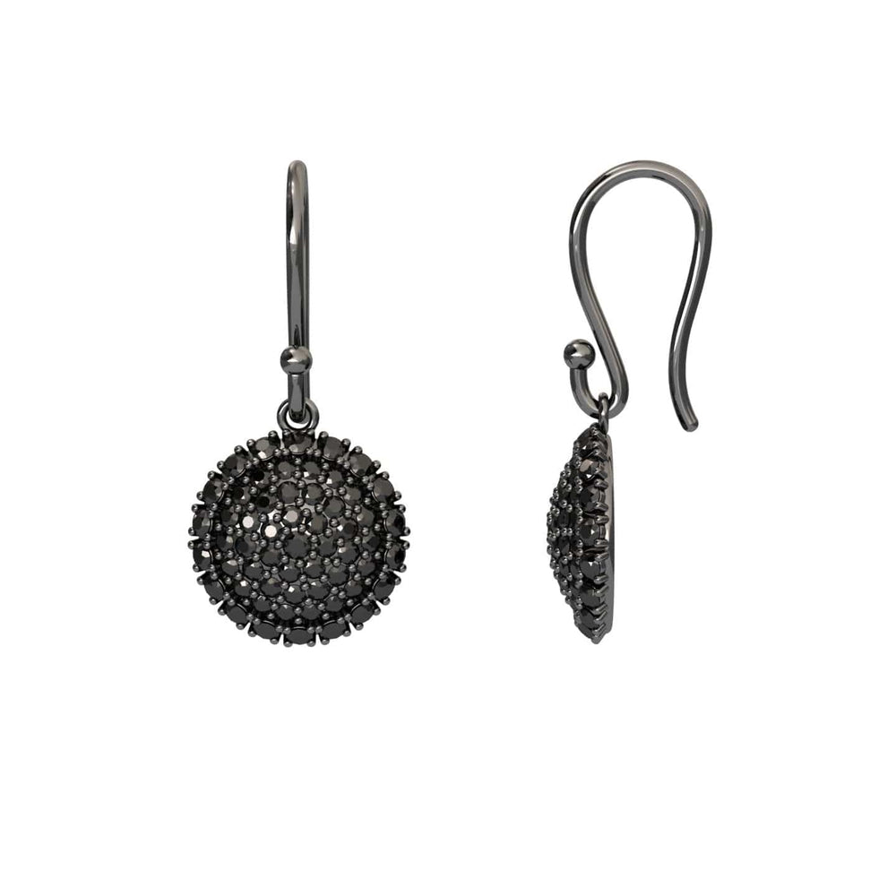 Round black diamond sphere drop earrings in 14k blackened gold, view 2