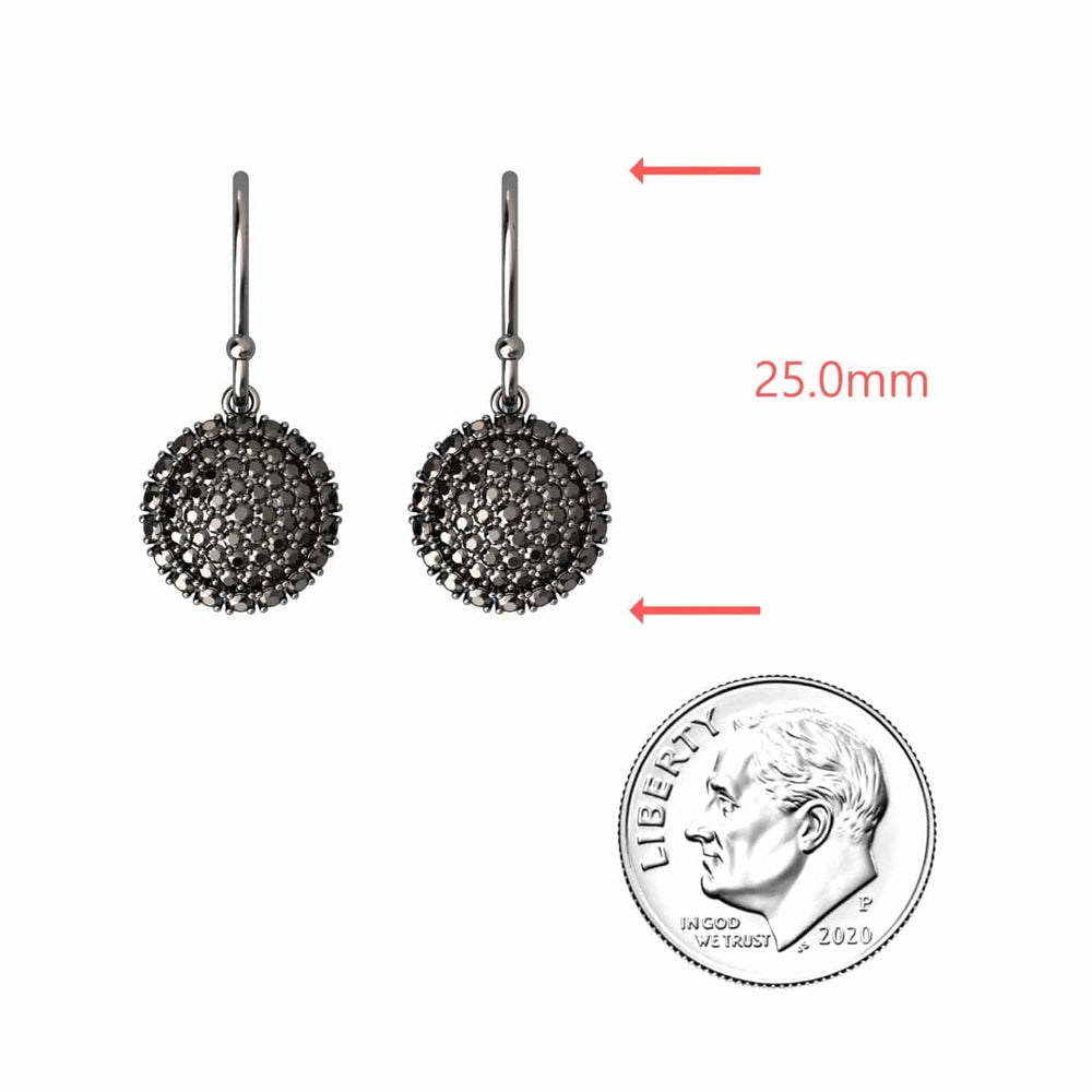 Round black diamond sphere drop earrings in 14k blackened gold, view 3