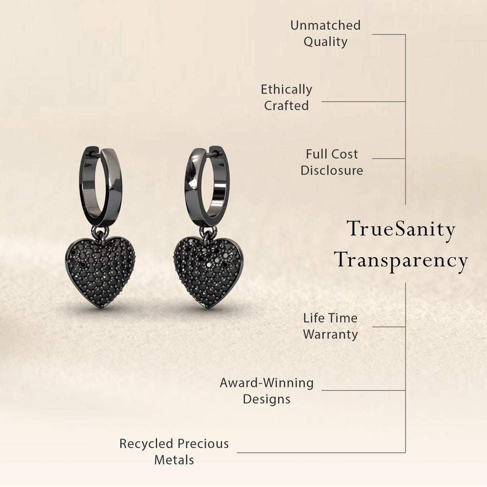 Round black diamond heart hoop earrings, view 6