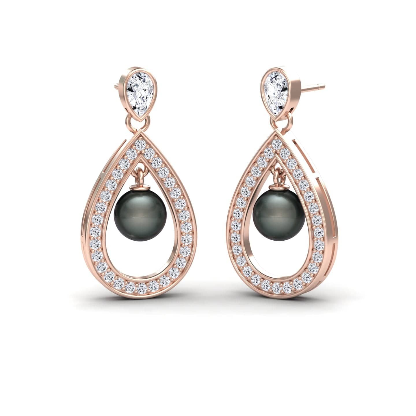 Black Akoya Pearl & Diamond Halo Drop Earrings - Kiran