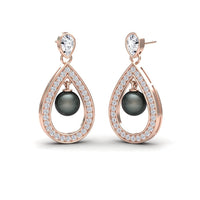 Black Akoya Pearl & Diamond Halo Drop Earrings - Kiran