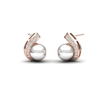 White Akoya Pearl & Diamond Curve Stud Earrings