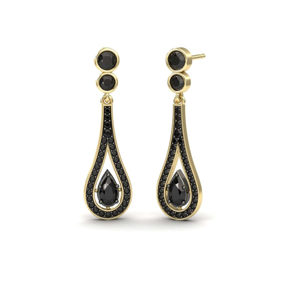 Pear black diamond teardrop statement earrings in 14k yellow gold