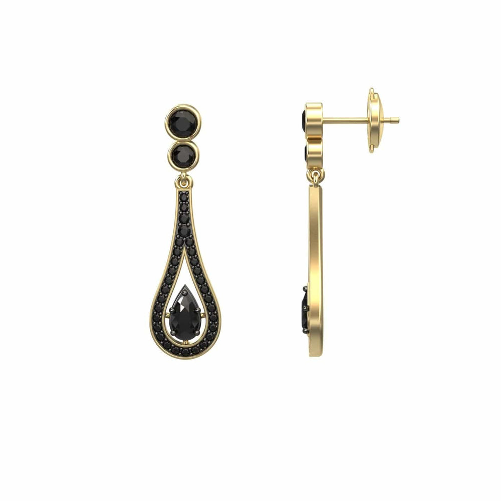 Pear black diamond teardrop statement earrings in 14k yellow gold, view 2