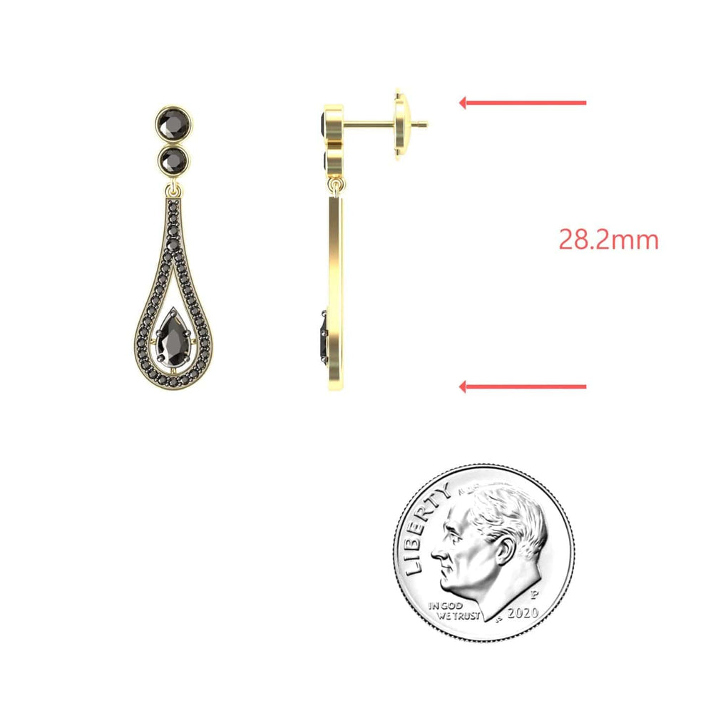 Pear black diamond teardrop statement earrings in 14k yellow gold, view 3