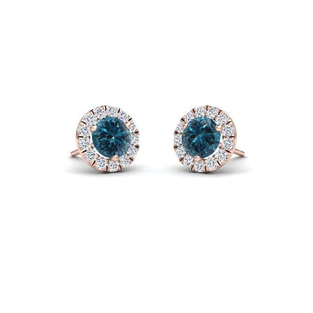 Blue & White Diamond Halo Stud Earrings - Elena