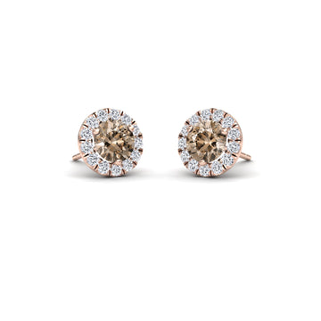 Brown & White Diamond Halo Stud Earrings - Elena