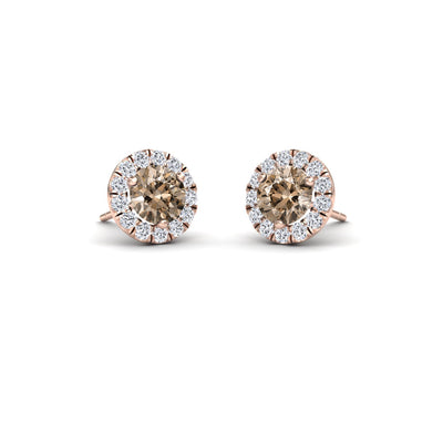 Brown & White Diamond Halo Stud Earrings