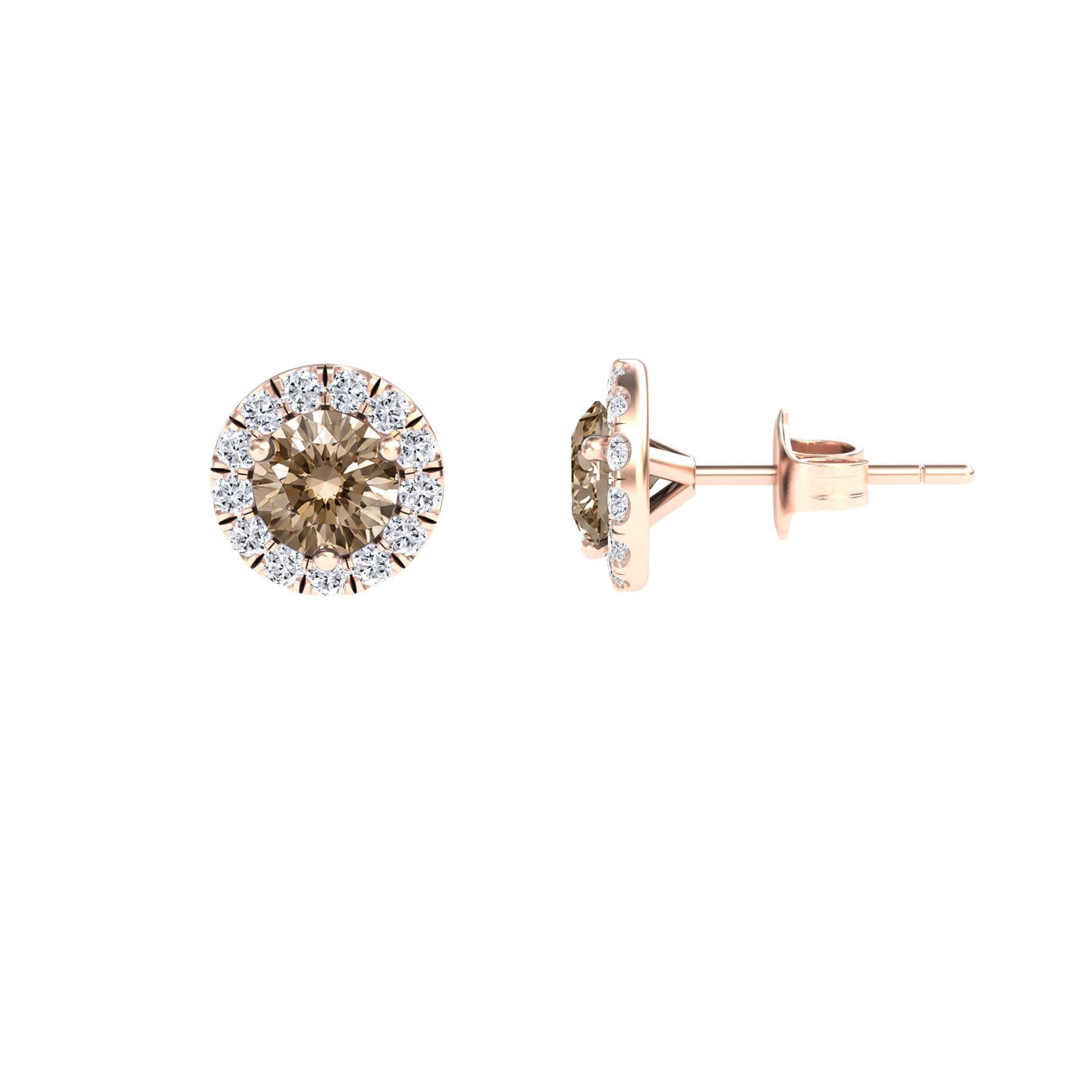 Brown & White Diamond Halo Stud Earrings - Elena