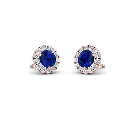 Blue Sapphire & White Diamond Halo Stud Earrings - Elena