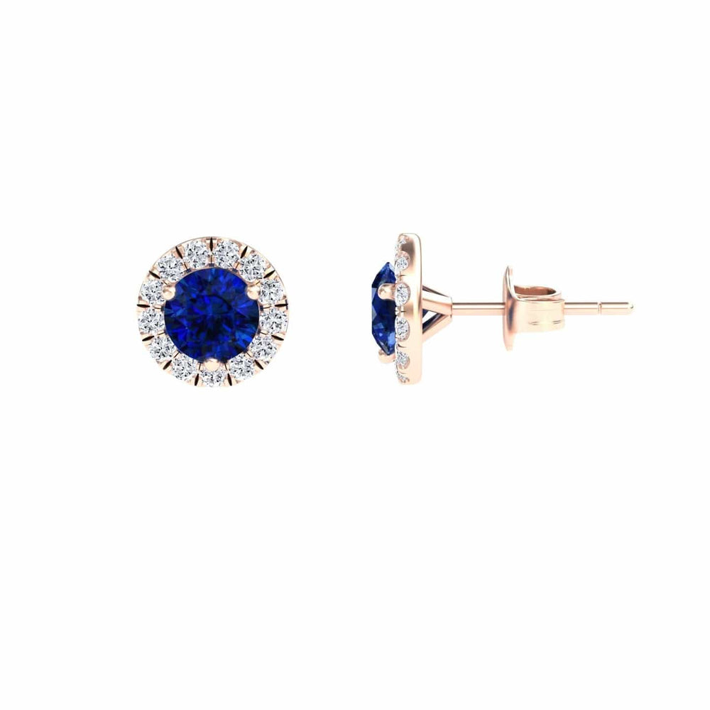Blue Sapphire & White Diamond Halo Stud Earrings - Elena