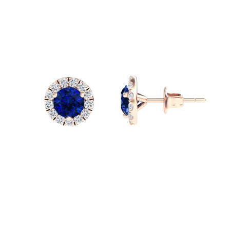 Blue Sapphire & White Diamond Halo Stud Earrings - Elena