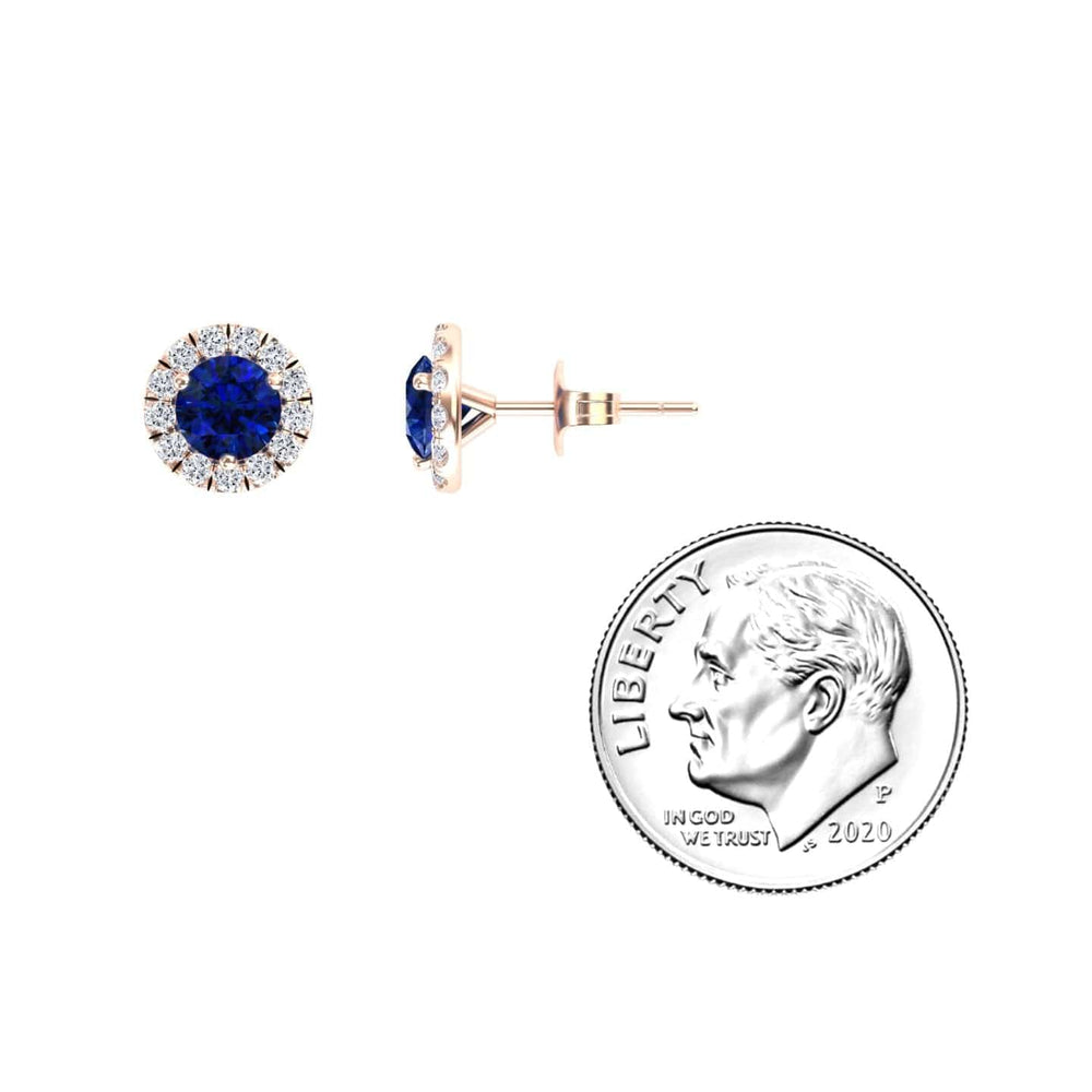 Blue Sapphire & White Diamond Halo Stud Earrings - Elena