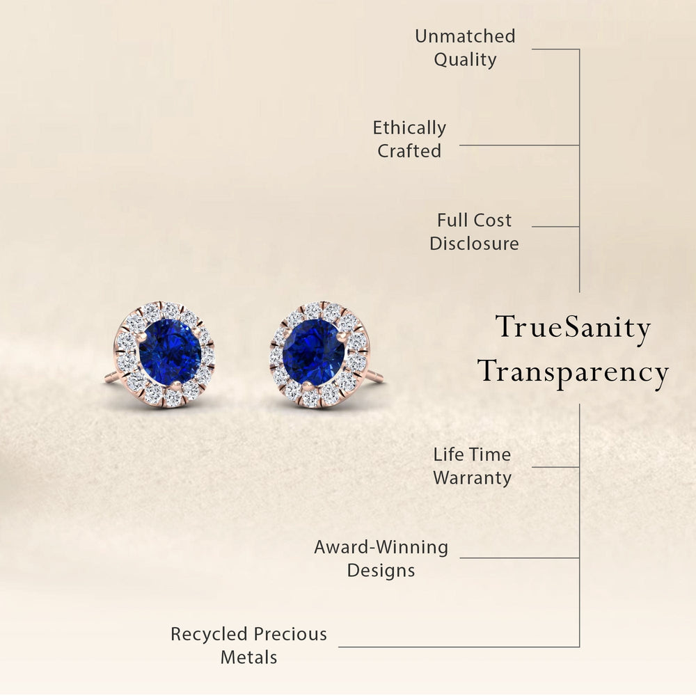 Blue Sapphire & White Diamond Halo Stud Earrings - Elena