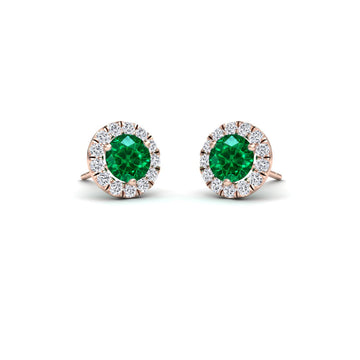 Emerald Exceptional & White Diamond Halo Stud Earrings - Elena