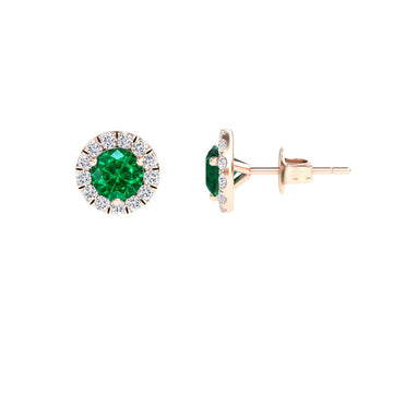 Emerald Exceptional & White Diamond Halo Stud Earrings - Elena