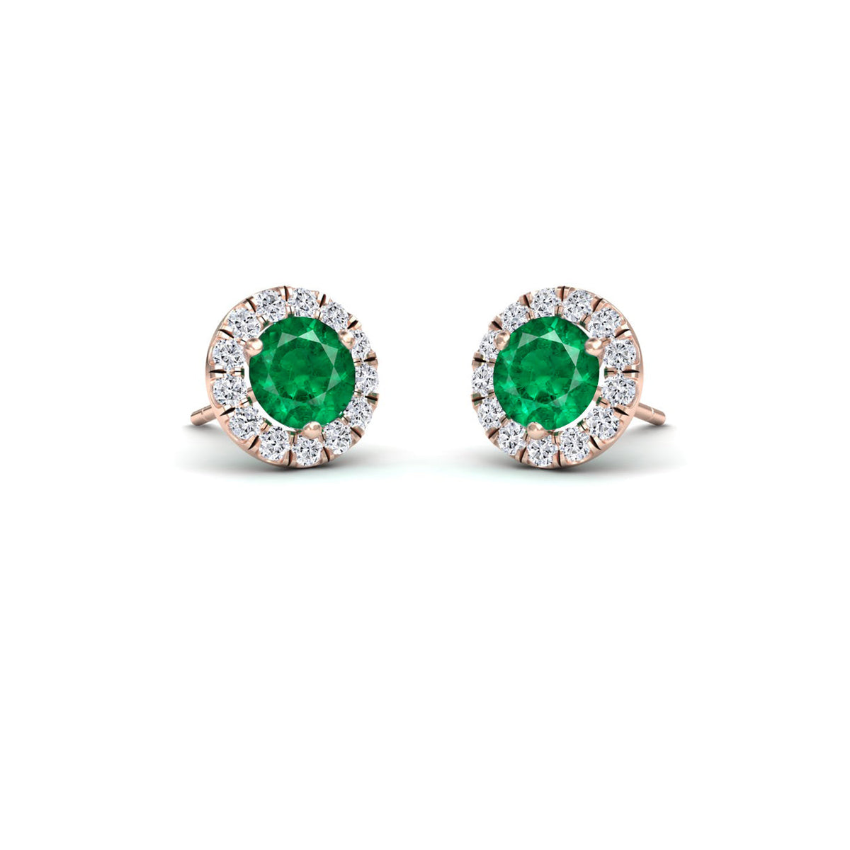 Emerald Fine & White Diamond Halo Stud Earrings - Elena