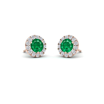 Emerald Fine & White Diamond Halo Stud Earrings - Elena