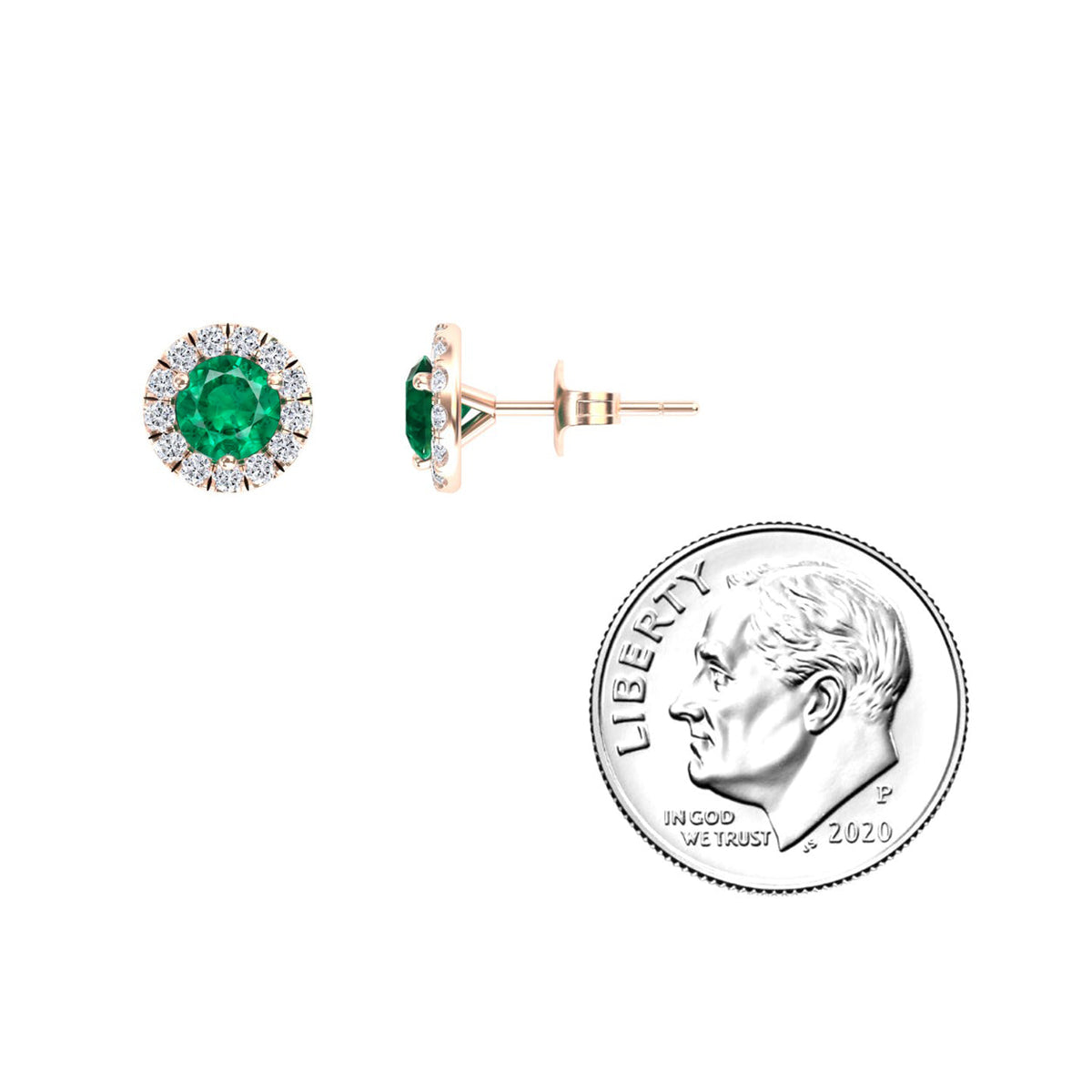Emerald Fine & White Diamond Halo Stud Earrings - Elena