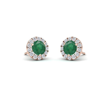 Emerald Good & White Diamond Halo Stud Earrings - Elena