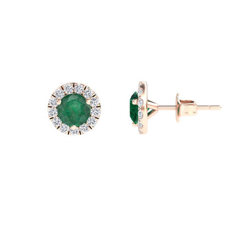 Emerald Good & White Diamond Halo Stud Earrings - Elena