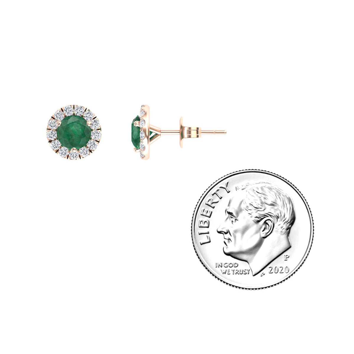 Emerald Good & White Diamond Halo Stud Earrings - Elena