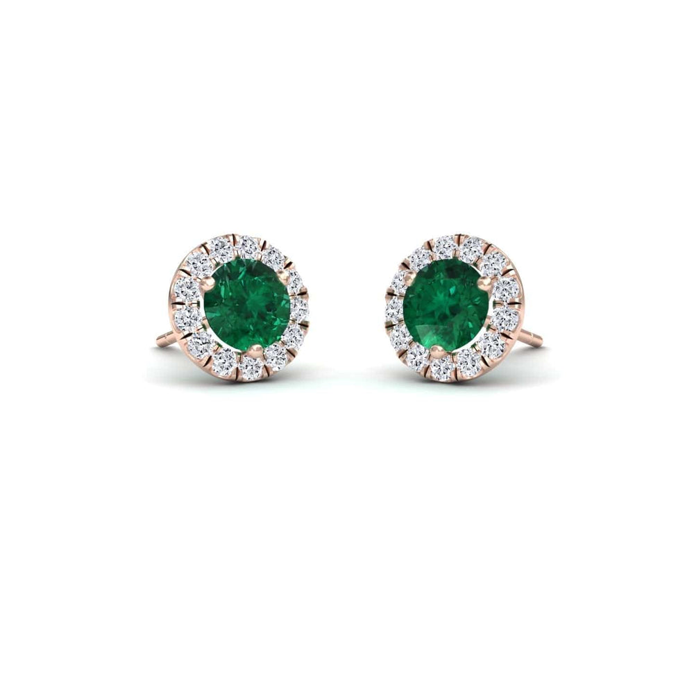 Emerald & White Diamond Halo Stud Earrings - Elena