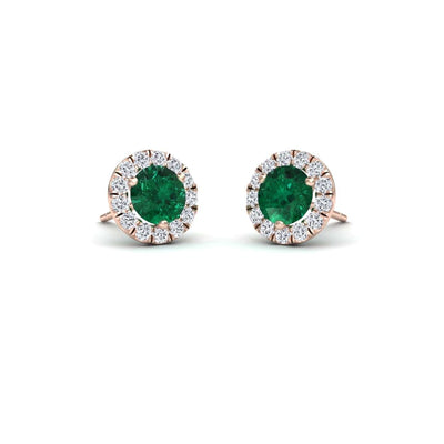Emerald & White Diamond Halo Stud Earrings