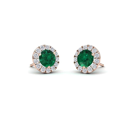 Emerald & White Diamond Halo Stud Earrings - Elena