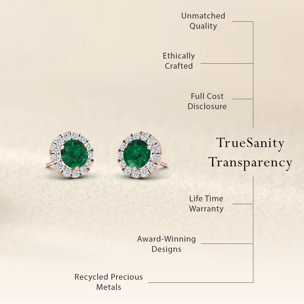 Emerald & White Diamond Halo Stud Earrings - Elena