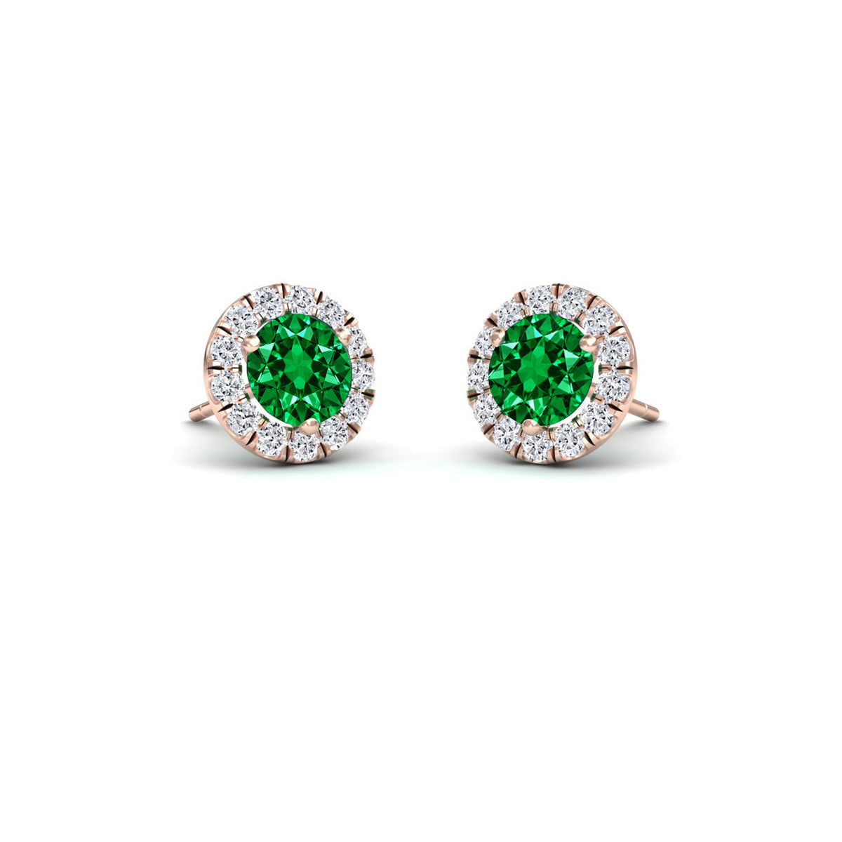 Lab Grown Emerald & White Diamond Halo Stud Earrings - Elena
