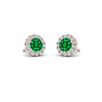 Lab Grown Emerald & White Diamond Halo Stud Earrings - Elena