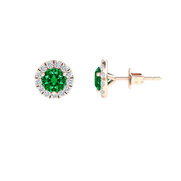 Lab Grown Emerald & White Diamond Halo Stud Earrings - Elena