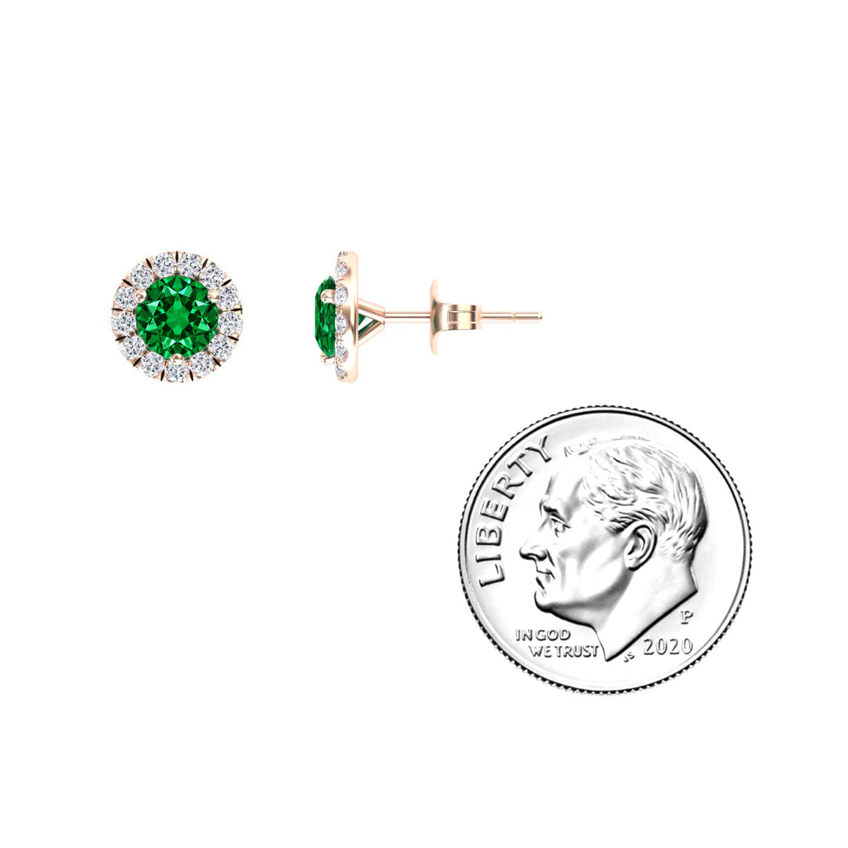 Lab Grown Emerald & White Diamond Halo Stud Earrings - Elena